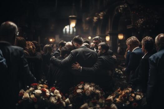 A heartwarming depiction of friends and family members embracing each other for support during a difficult moment at a funeral service. Generative Ai photo