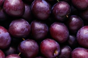 Close up of fresh juicy plums, top view, seamless pattern. Generative Ai photo