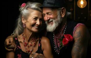 A thought-provoking image capturing the wisdom and life experiences reflected in the tattoo choices of the senior couple. Generative Ai photo