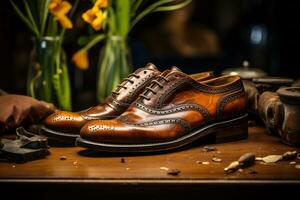 An elegant image showcasing the restoration of a vintage leather shoe, bringing it back to its former glory. Generative AI photo
