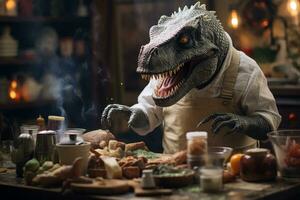 A humorous scene featuring a chef cooking up a storm in a kitchen full of dinosaur-themed ingredients and utensils. Generative AI photo