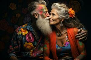 Senior couple surrounded by vibrant colors, showcasing their tattooed bodies as living art pieces. Generative Ai photo