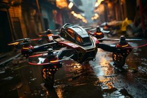 Futuristic High-speed drone racing action, showcasing skilled pilots navigating through challenging obstacles. Generative AI photo