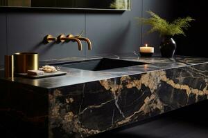 Luxury bathroom interiors with portoro marble's bold black background and striking gold veining, giving a sense of drama and contrast. Generative AI photo