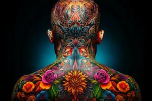 Close-up view of a person's tattooed back, displaying a kaleidoscope of colors and designs. Generative Ai photo