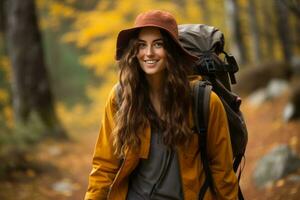 joven caminante mujer disfrutando en el otoño bosque. generativo ai foto