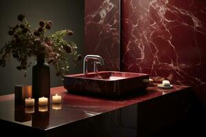 Luxury bathroom with rosso levanto marble, known for its deep red tones and distinctive white veining, evoking classical elegance. Generative AI photo