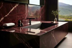 Luxury bathroom with rosso levanto marble, known for its deep red tones and distinctive white veining, evoking classical elegance. Generative AI photo