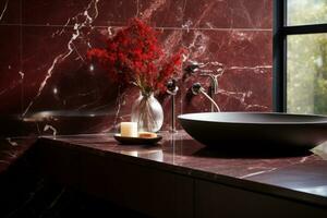 Luxury bathroom with rosso levanto marble, known for its deep red tones and distinctive white veining, evoking classical elegance. Generative AI photo