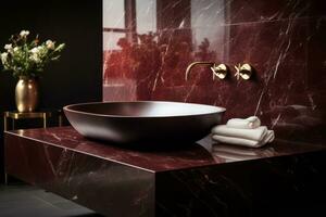 Luxury bathroom with rosso levanto marble, known for its deep red tones and distinctive white veining, evoking classical elegance. Generative AI photo