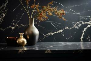 Luxury bathroom interiors with portoro marble's bold black background and striking gold veining, giving a sense of drama and contrast. Generative AI photo