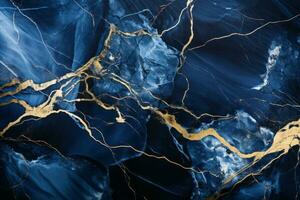 Blue Bahia marble, with its striking blue background and waves of white and gold veins. Generative AI photo