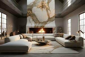 Living room in Calacatta Gold marble, renowned for its warm gold and gray veins, evoking opulence and grandeur.Generative AI photo