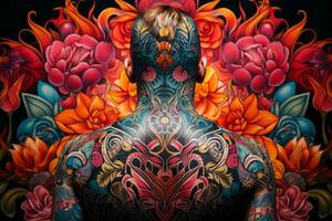 Close-up view of a person's tattooed back, displaying a kaleidoscope of colors and designs. Generative Ai photo