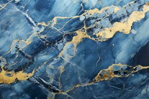 Blue Bahia marble, with its striking blue background and waves of white and gold veins. Generative AI photo