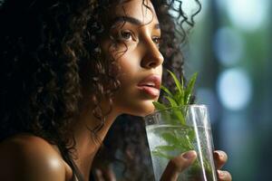 Young woman enjoying a refreshing glass of water with mint , emphasizing its natural and healthy qualities. Generative Ai photo