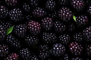 Closeup of fresh blackberries, top view, seamless pattern. Generative Ai photo