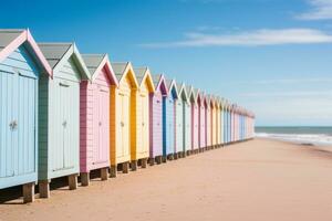 A row of traditional pastel coloured beach huts. Generative AI photo