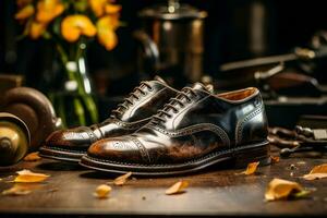 An elegant image showcasing the restoration of a vintage leather shoe, bringing it back to its former glory. Generative AI photo