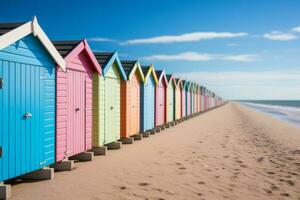 A row of traditional pastel coloured beach huts. Generative AI photo