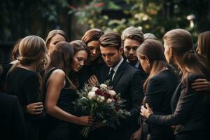 un reconfortante representación de amigos y familia miembros abrazando cada otro para apoyo durante un difícil momento a un funeral servicio. generativo ai foto