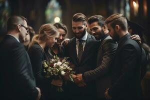 A heartwarming depiction of friends and family members embracing each other for support during a difficult moment at a funeral service. Generative Ai photo