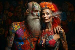 Senior couple surrounded by vibrant colors, showcasing their tattooed bodies as living art pieces. Generative Ai photo