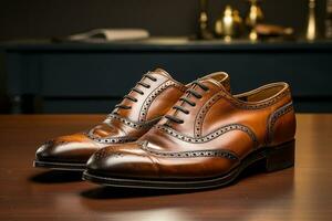 An elegant image showcasing the restoration of a vintage leather shoe, bringing it back to its former glory. Generative AI photo