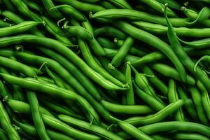 Close up of fresh green beans , top view, seamless pattern. Generative Ai photo