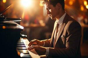 Young musician play piano on the stage. Generative Ai photo