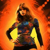 Young woman in mini skirt dress in psychedelic Swinging London style. In 1967 in a fashion psychedelic disco. Generative AI photo