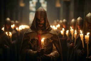 un artístico representación de un templarios ritual, capturar el sentido de misticismo y devoción ese rodeado su ceremonias generativo ai foto