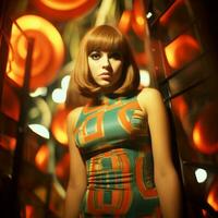 Young woman in mini skirt dress in psychedelic Swinging London style. In 1967 in a fashion psychedelic disco. Generative AI photo