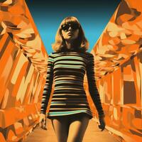 Young woman in mini skirt dress in psychedelic Swinging London style. In 1967 in a fashion psychedelic disco. Generative AI photo