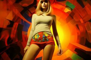 Young woman in mini skirt dress in psychedelic Swinging London style. In 1967 in a fashion psychedelic disco. Generative AI photo