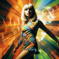 Young woman in mini skirt dress in psychedelic Swinging London style. In 1967 in a fashion psychedelic disco. Generative AI photo