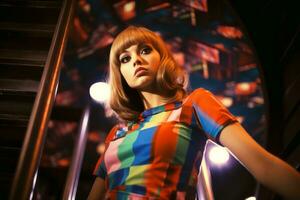 Young woman in mini skirt dress in psychedelic Swinging London style. In 1967 in a fashion psychedelic disco. Generative AI photo