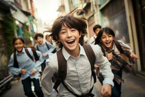 Pre-adolescent boys and girls going to school and laughing. Generative Ai photo