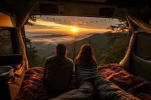 Couple watching a stunning view from the back of a van bed. Concept Van life. Generative Ai photo