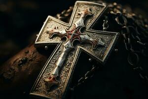 Close-up shots of the iconic symbols associated with the Knights Templar, such as the cross pattee, engraved on stone or metal surfaces. Generative Ai photo