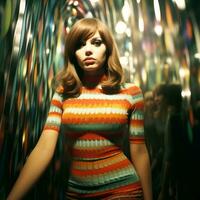 Young woman in mini skirt dress in psychedelic Swinging London style. In 1967 in a fashion psychedelic disco. Generative AI photo