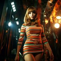 Young woman in mini skirt dress in psychedelic Swinging London style. In 1967 in a fashion psychedelic disco. Generative AI photo