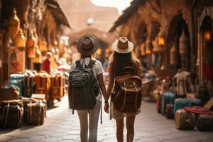 Two woman tourist walking with luggage through the souks of Marrakech. Generative AI photo