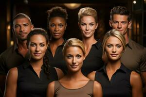 Advertising portrait shot of a spa staff team standing together in a spa and they look at the camera. Generative Ai photo