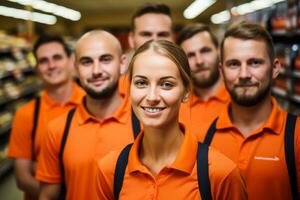 Advertising portrait shot of a supermarket staff team standing together in a supermarket and they look at the camera. Generative Ai photo