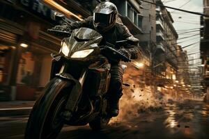 An urban scene showing a motorcycle rider navigating through city streets, embodying the excitement and energy of urban exploration. Generative AI photo