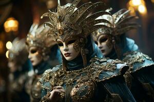 esmeradamente vestido individuos vistiendo veneciano mascaras en un misterio ubicación. generativo ai foto