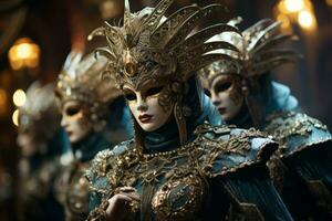 Elegantly dressed individuals wearing Venetian masks in a mystery location. Generative Ai photo