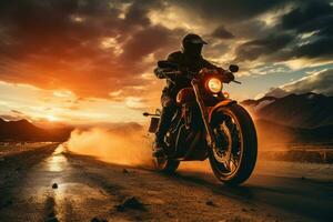 un silueta Disparo de un motocicleta jinete montando hacia un cautivador atardecer, simbolizando el viaje final y nuevo principios. generativo ai foto