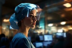 Featuring a nurse working attentively during the night, representing their unwavering commitment to patient well-being. Generative Ai photo